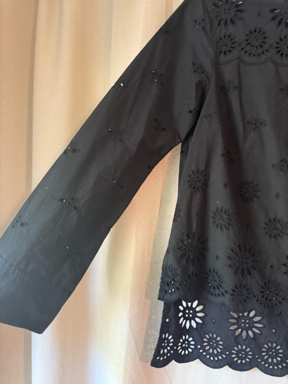 J. Crew Black Eyelet Scalloped Hem Long-Sleeve Blouse - Picture 2 of 5